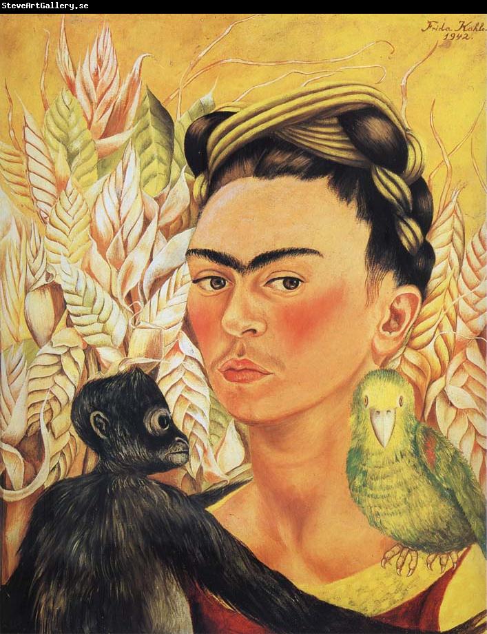 Frida Kahlo Self-Portrait with Monkey and Parrot